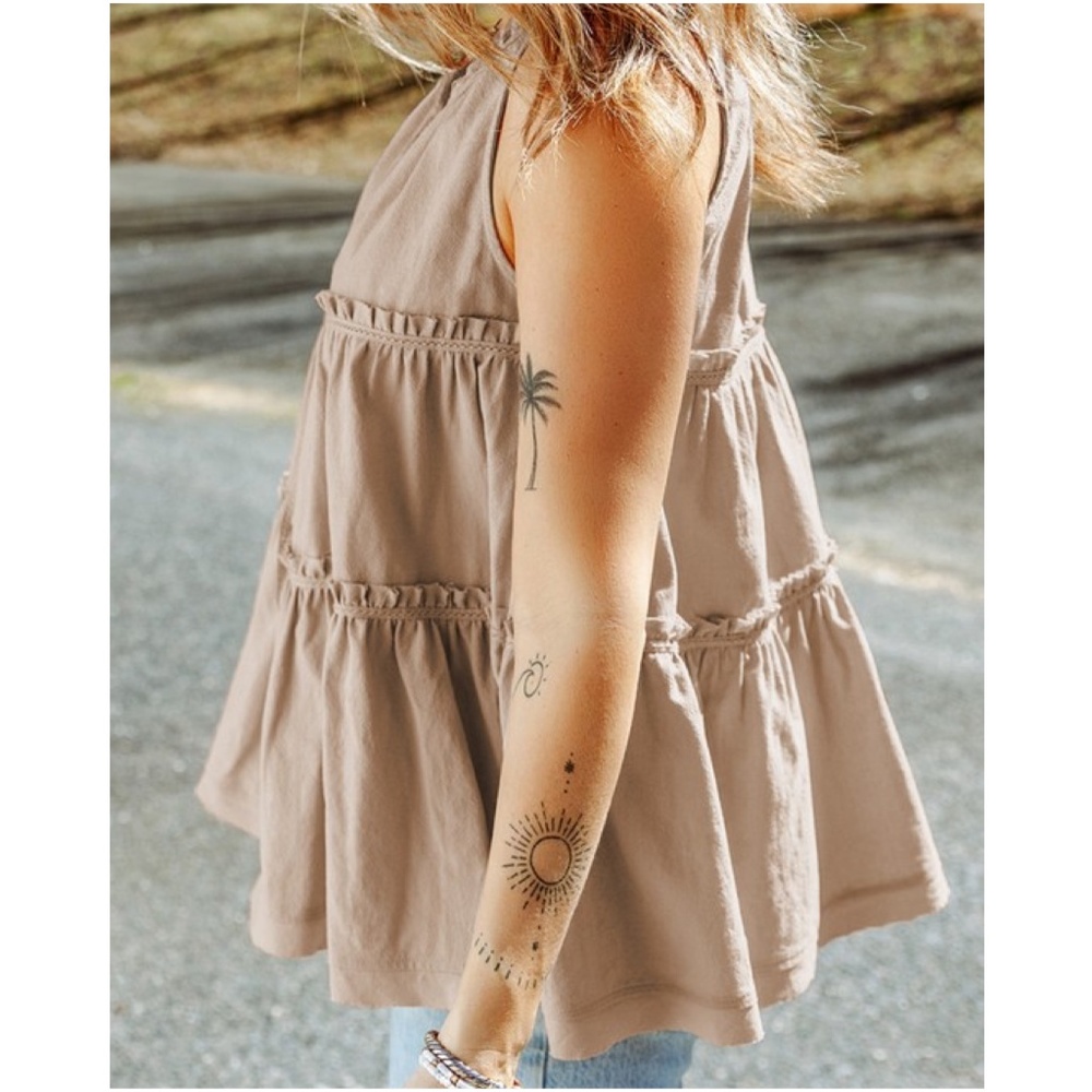038 Boho Khaki Neck Tie Tiered ruffle Tank top - Picture 3 of 5